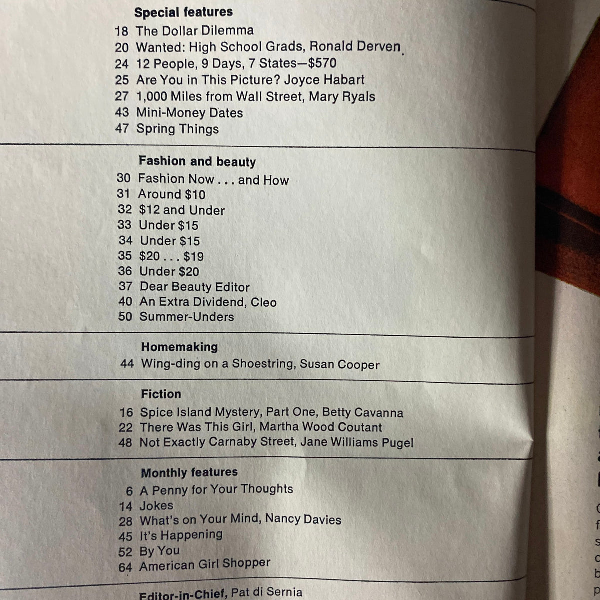 Table of contents from American Girl Magazine April 1969 'A Girl and Her Money', listing special features, fashion and beauty articles, and monthly features.