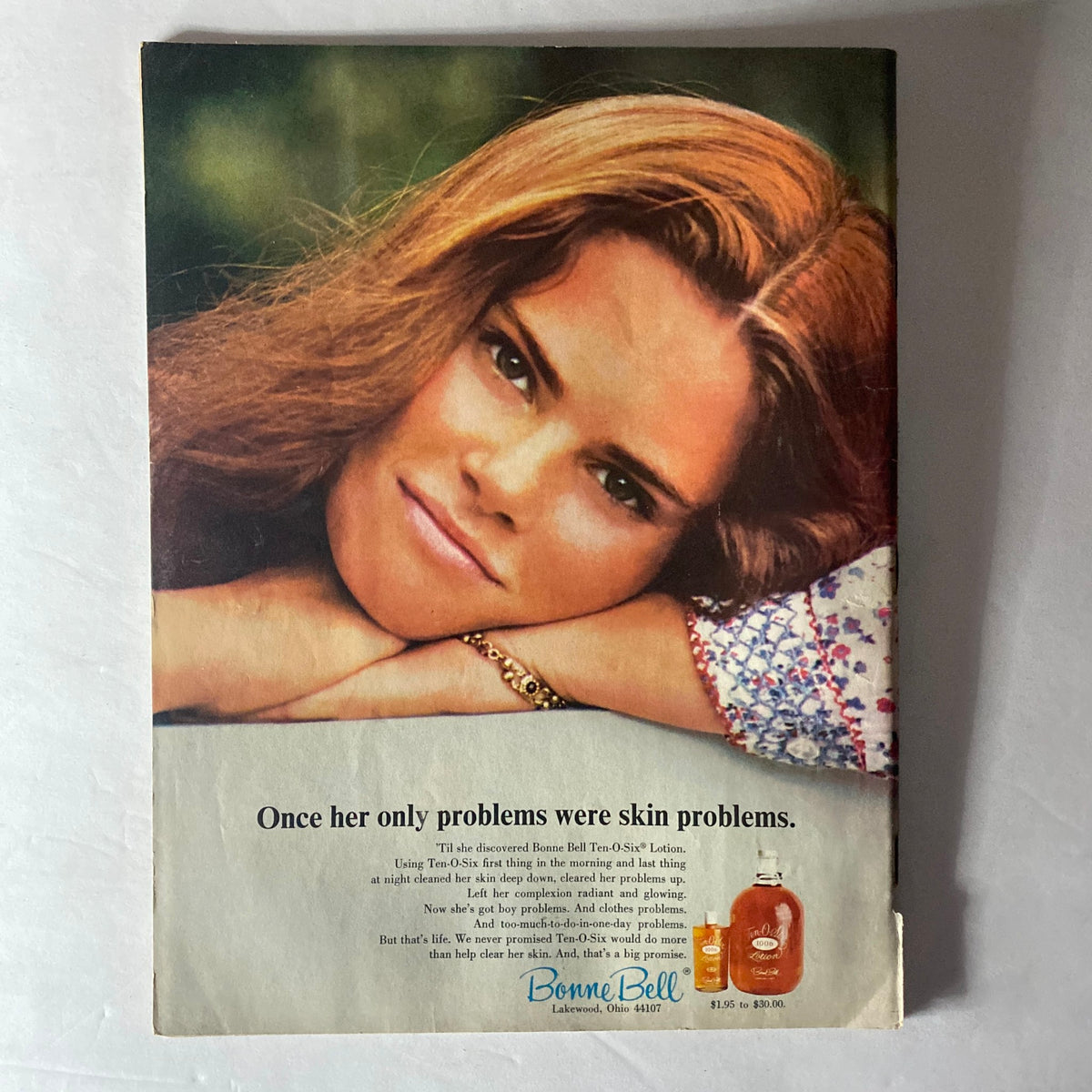 Back cover of American Girl Magazine, October 1969, featuring an advertisement for Bonne Bell lotion with a young woman promoting skin care.