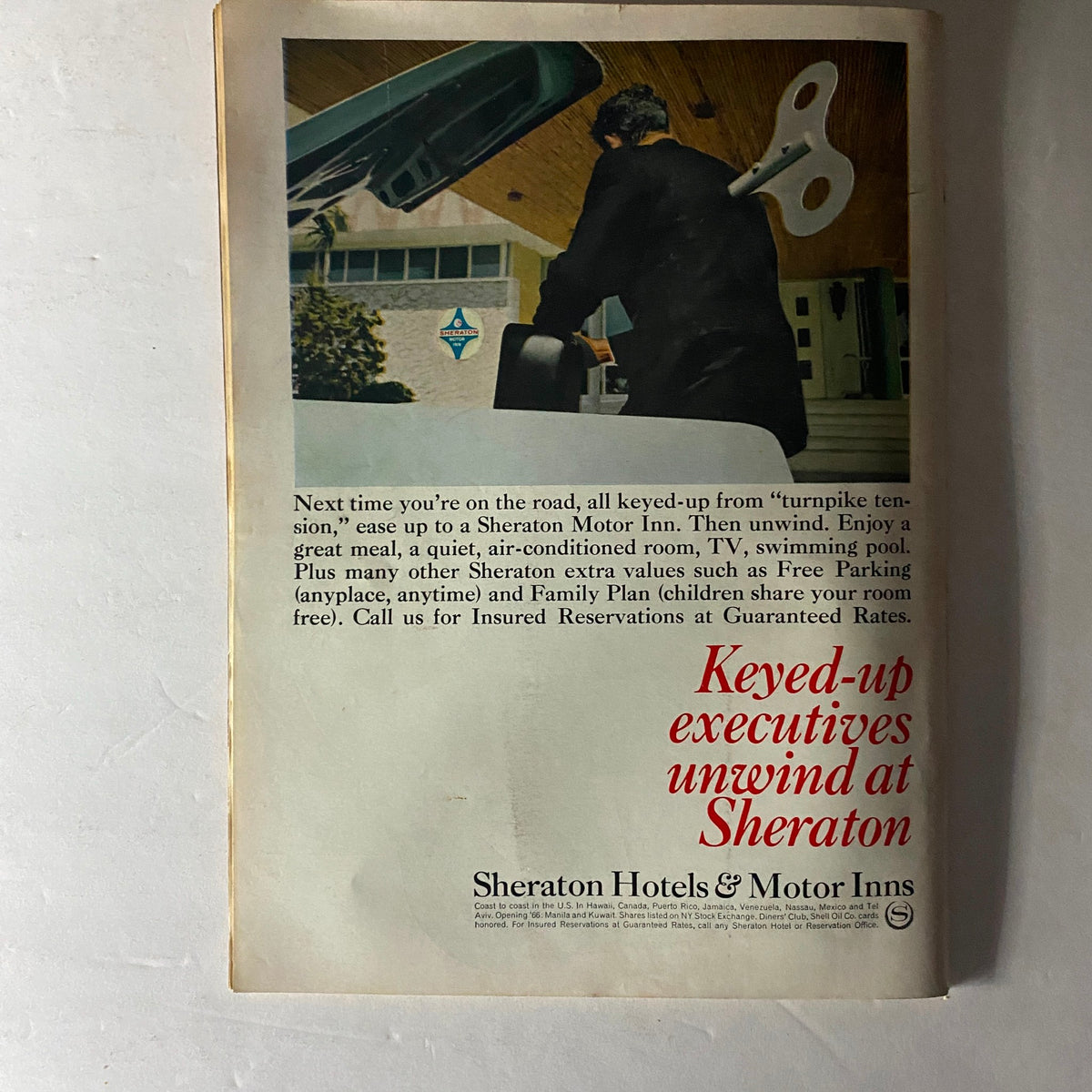 Vintage advertisement from Time Magazine April 22, 1966, Vol 87, No. 16 featuring Thich Tri Quang, promoting Sheraton Hotels & Motor Inns with a man unloading luggage from a car at an Inn's entrance.