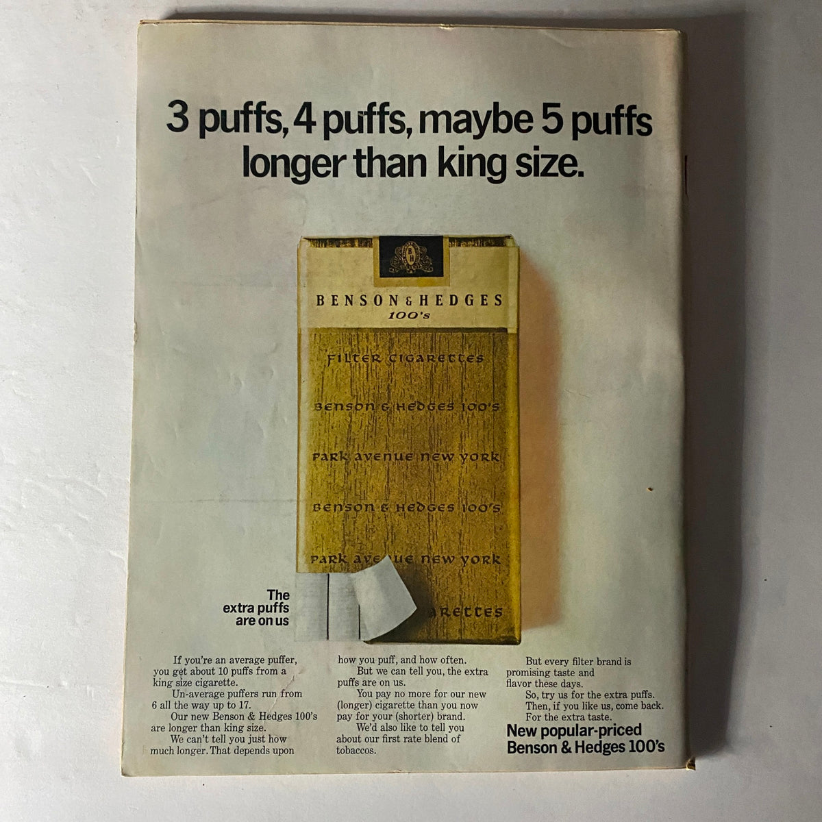 Back cover advertisement of Benson & Hedges 100's cigarettes from September 30, 1966, discussing the benefits of their longer cigarette size.