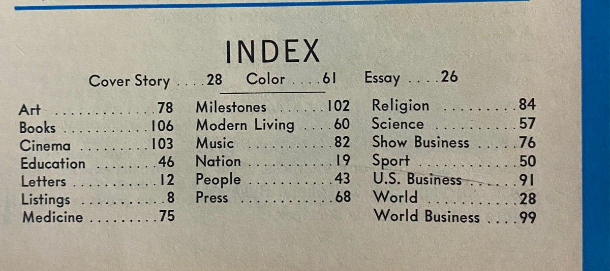 Index page from Time Magazine September 9, 1966, Vol 88 No. 11 featuring articles on art, books, music, and more, providing an overview of the magazine's content.