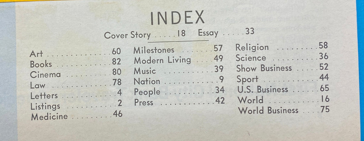 Inside spread of Time Magazine August 26, 1966, showing the index of articles including cover story, culture, and politics, providing a glimpse into the content of the issue.