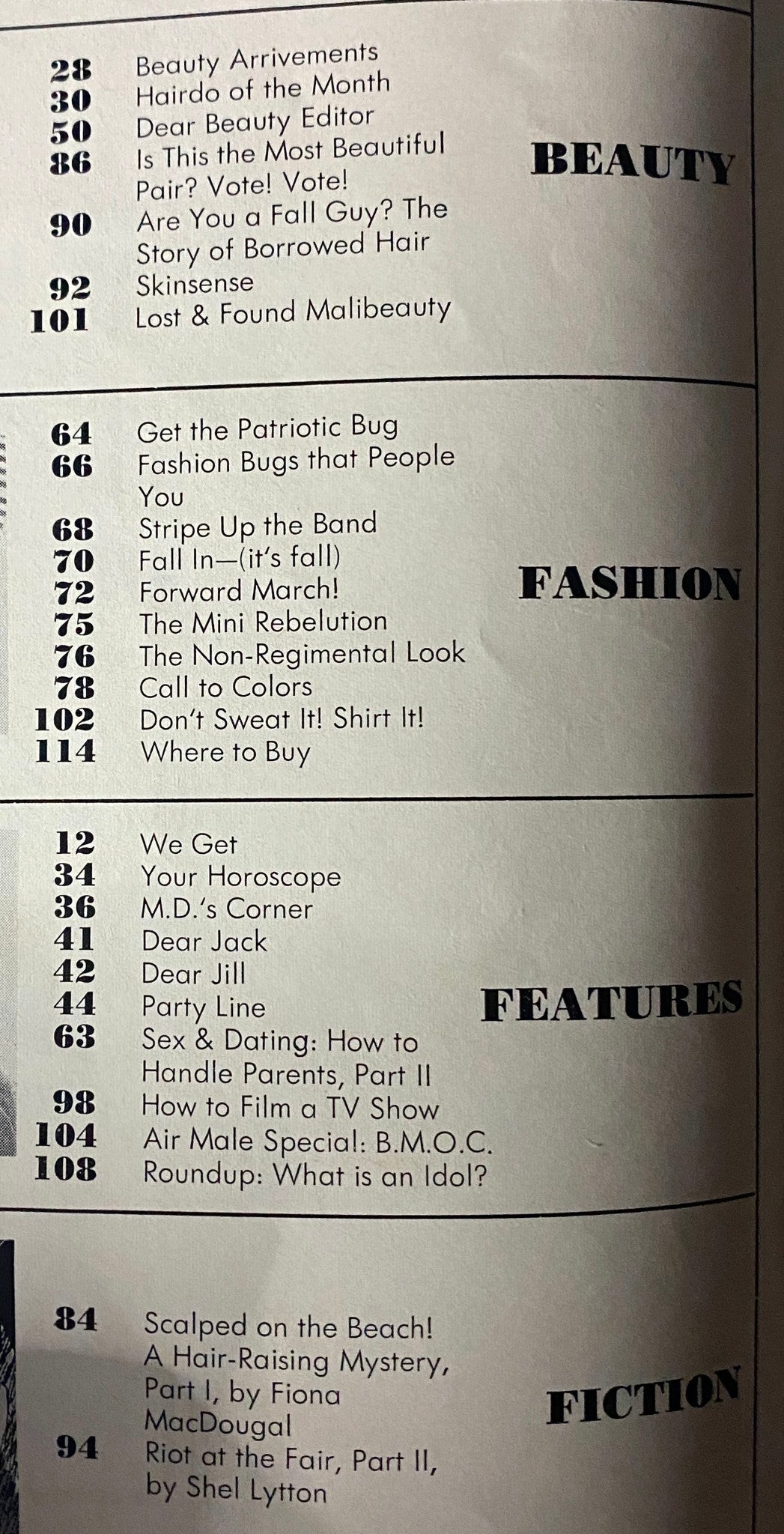 Interior page of Teen Magazine September 1967 listing the contents, featuring articles on beauty arrangements, fashion trends, and the 'Riot at the Fair' storyline.