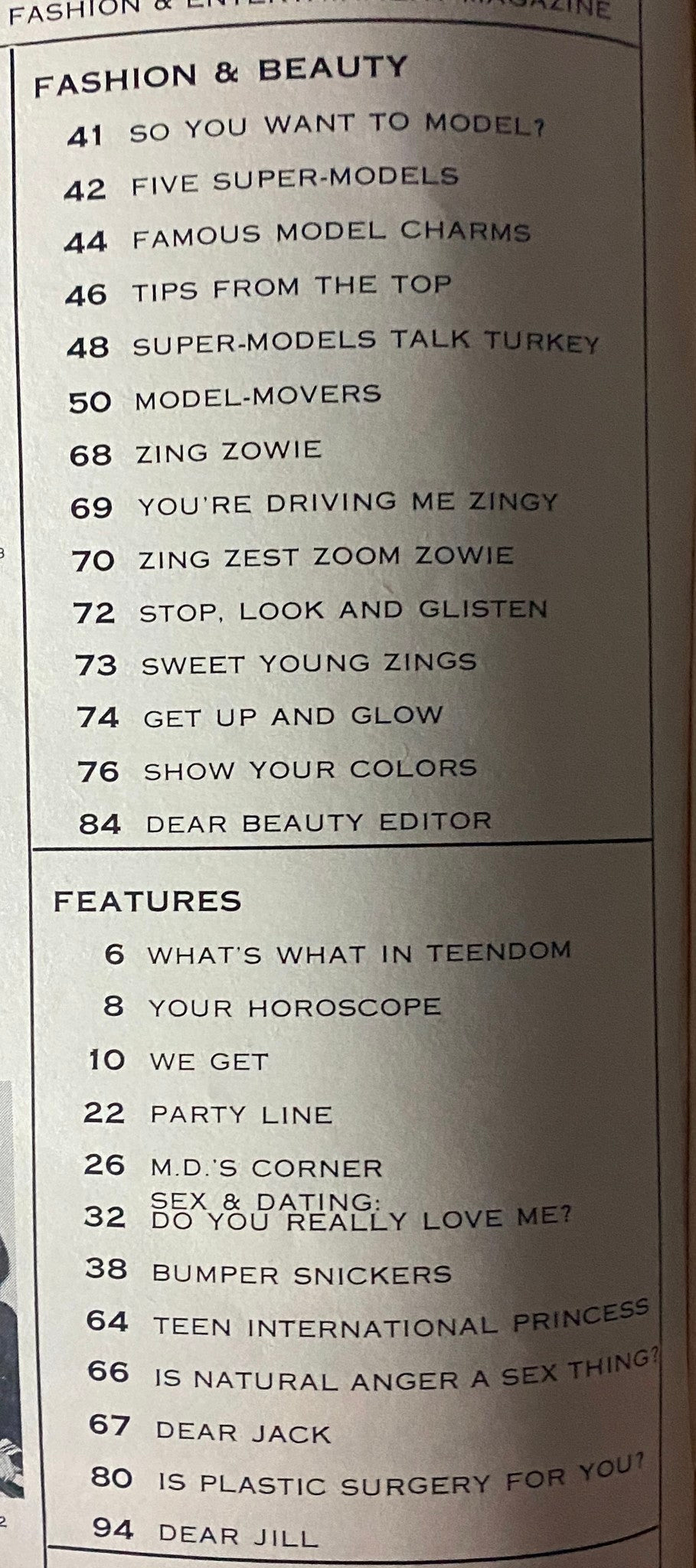Table of contents from Teen Magazine April 1969 including sections on fashion, beauty, and teen relationships, highlighting various articles and features.