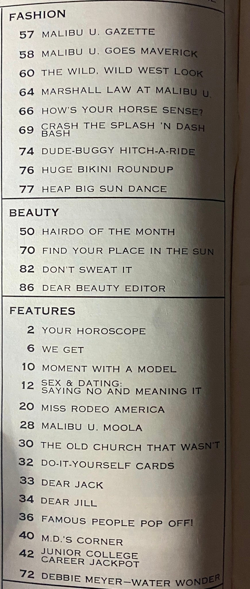 Table of contents from Teen Magazine May 1969 featuring sections on fashion, beauty, and features related to the era's culture.