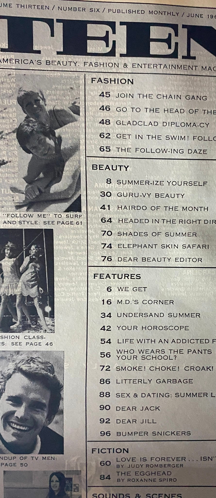 Teen Magazine June 1969 table of contents highlighting articles on fashion, beauty, and lifestyle for teens, including features on Dino, Desi, and Billy.