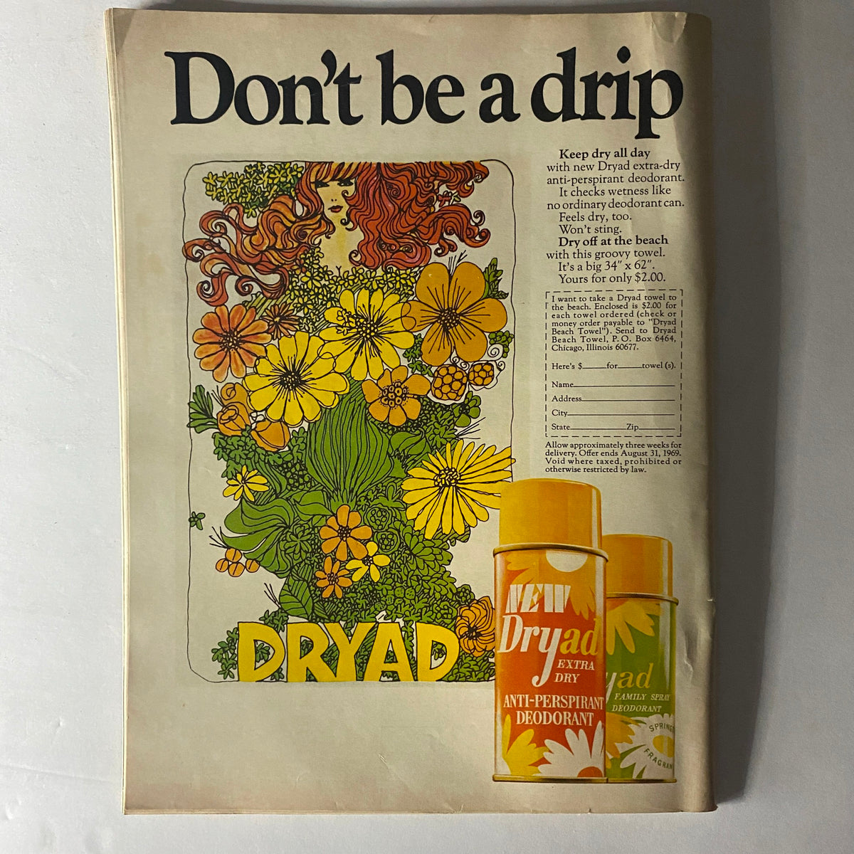 Teen Magazine June 1969 advertisement for Dryad anti-perspirant deodorant, featuring vibrant floral designs and promoting its use on the beach.