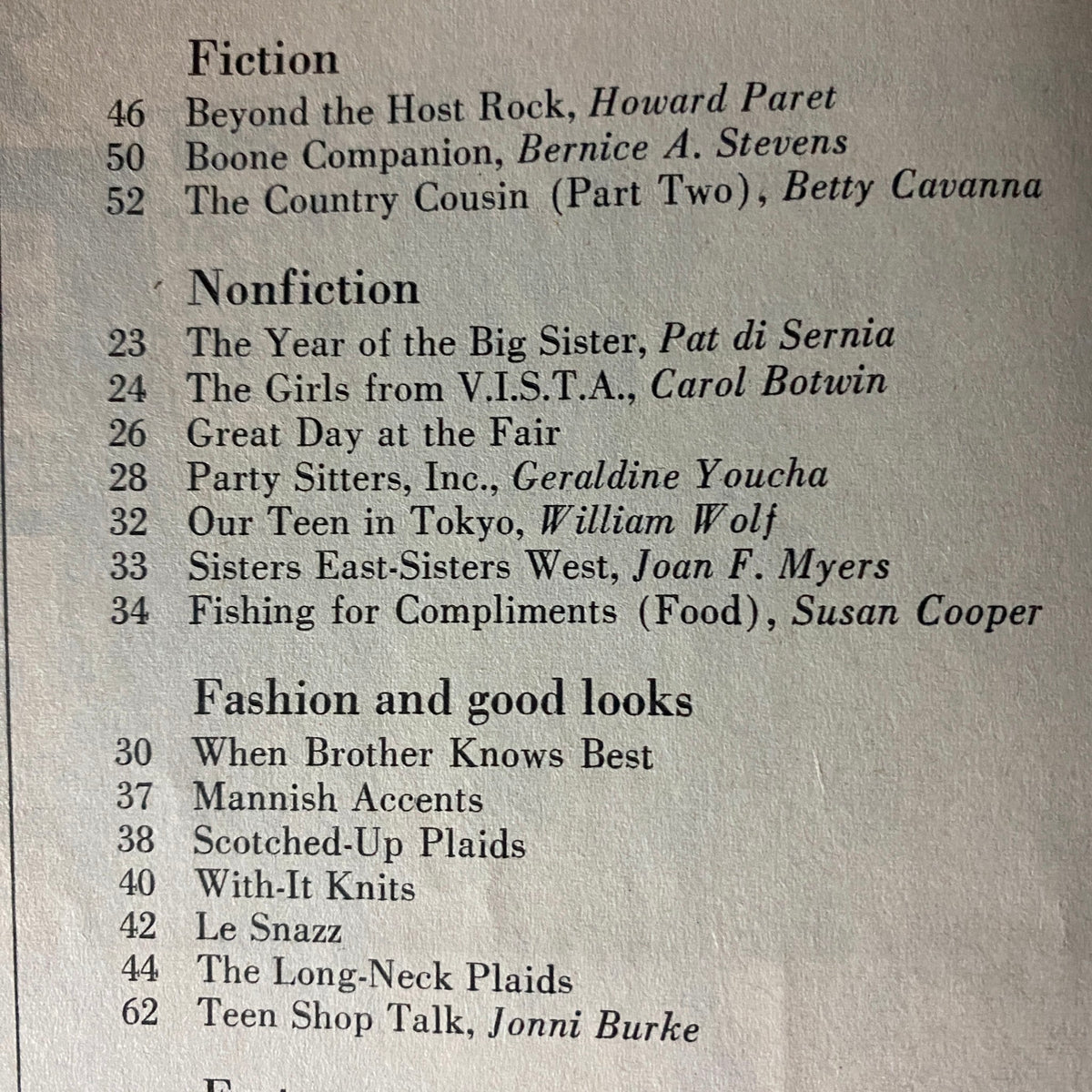 Table of contents from American Girl Magazine, August 1967, listing fiction and nonfiction articles alongside fashion highlights for the issue.