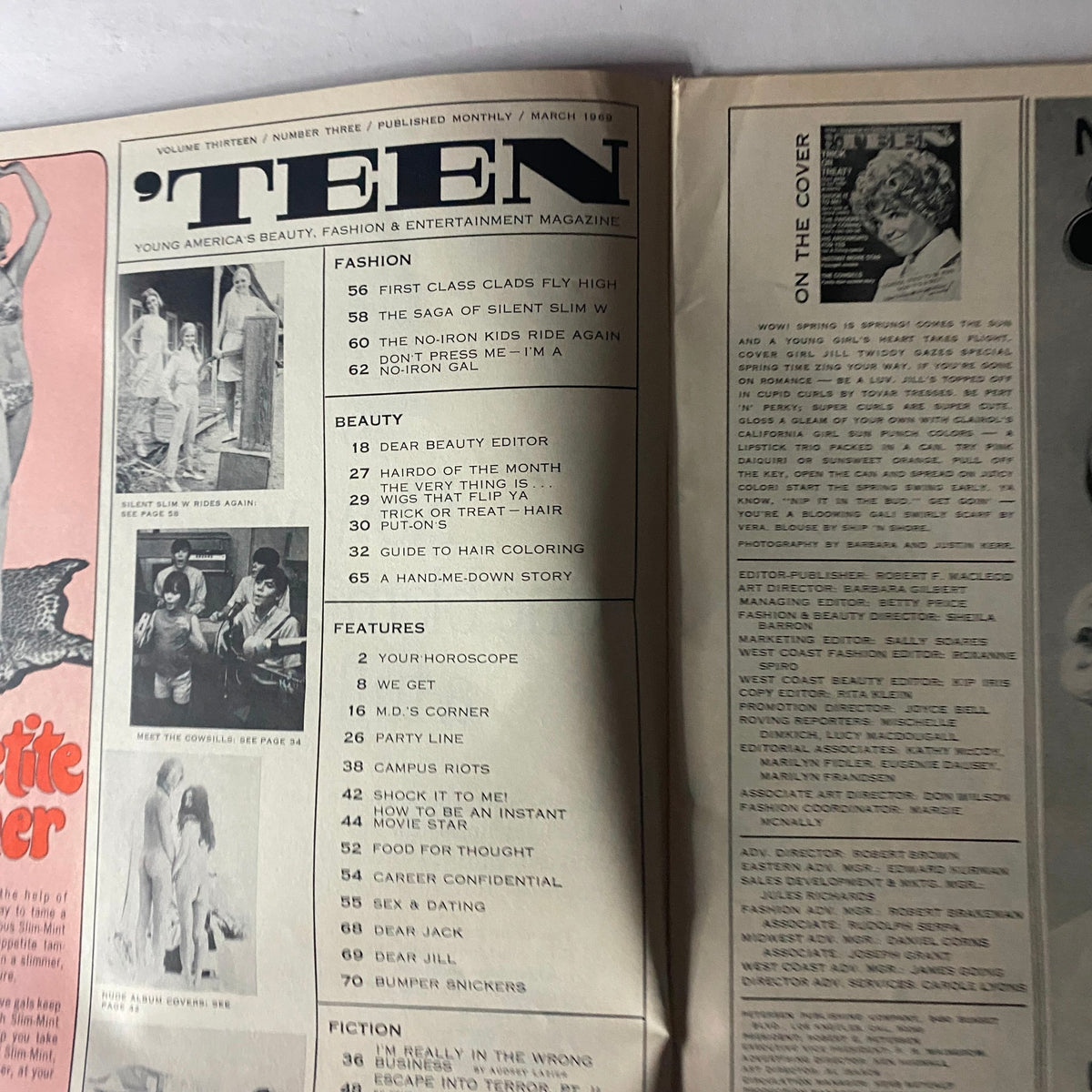 Interior page from Teen Magazine March 1969 showcasing articles on fashion and beauty, including 'First Class Clads Fly High' and the 'Dear Beauty Editor' section.