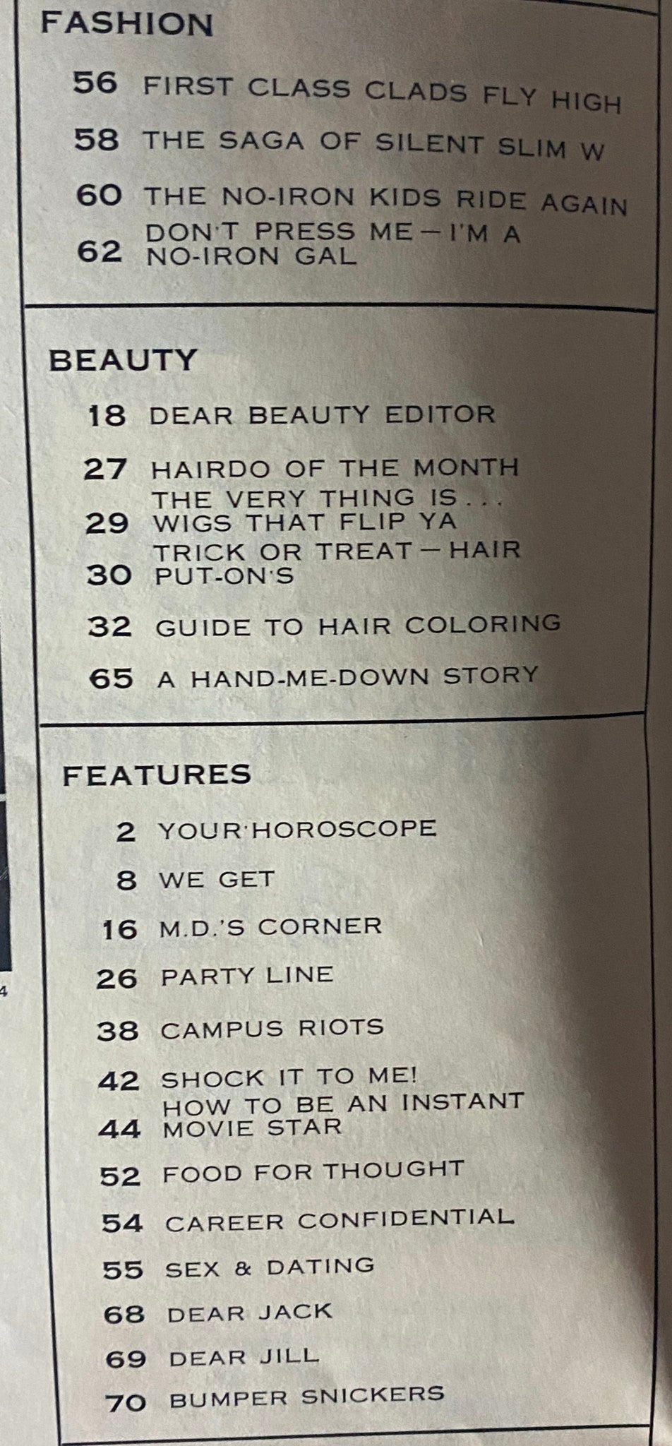 Close-up view of the contents page from Teen Magazine March 1969 detailing fashion and beauty features, including horoscopes and campus riots.