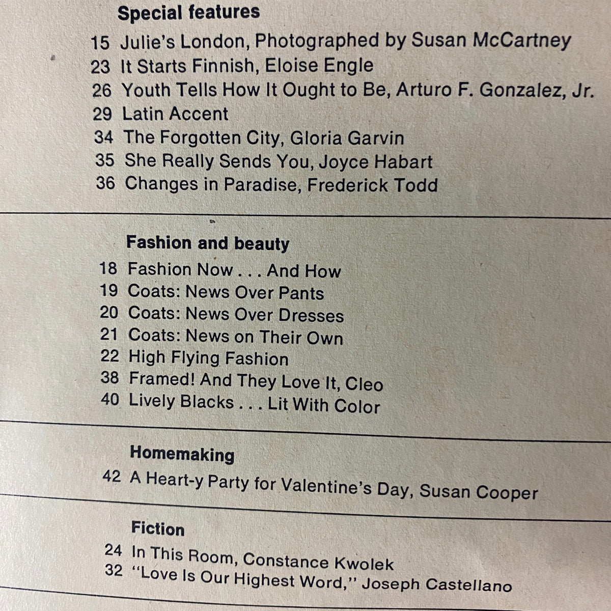 Table of contents from American Girl Magazine February 1969 featuring articles including 'Julie's London' by Susan McCartney and fashion insights.