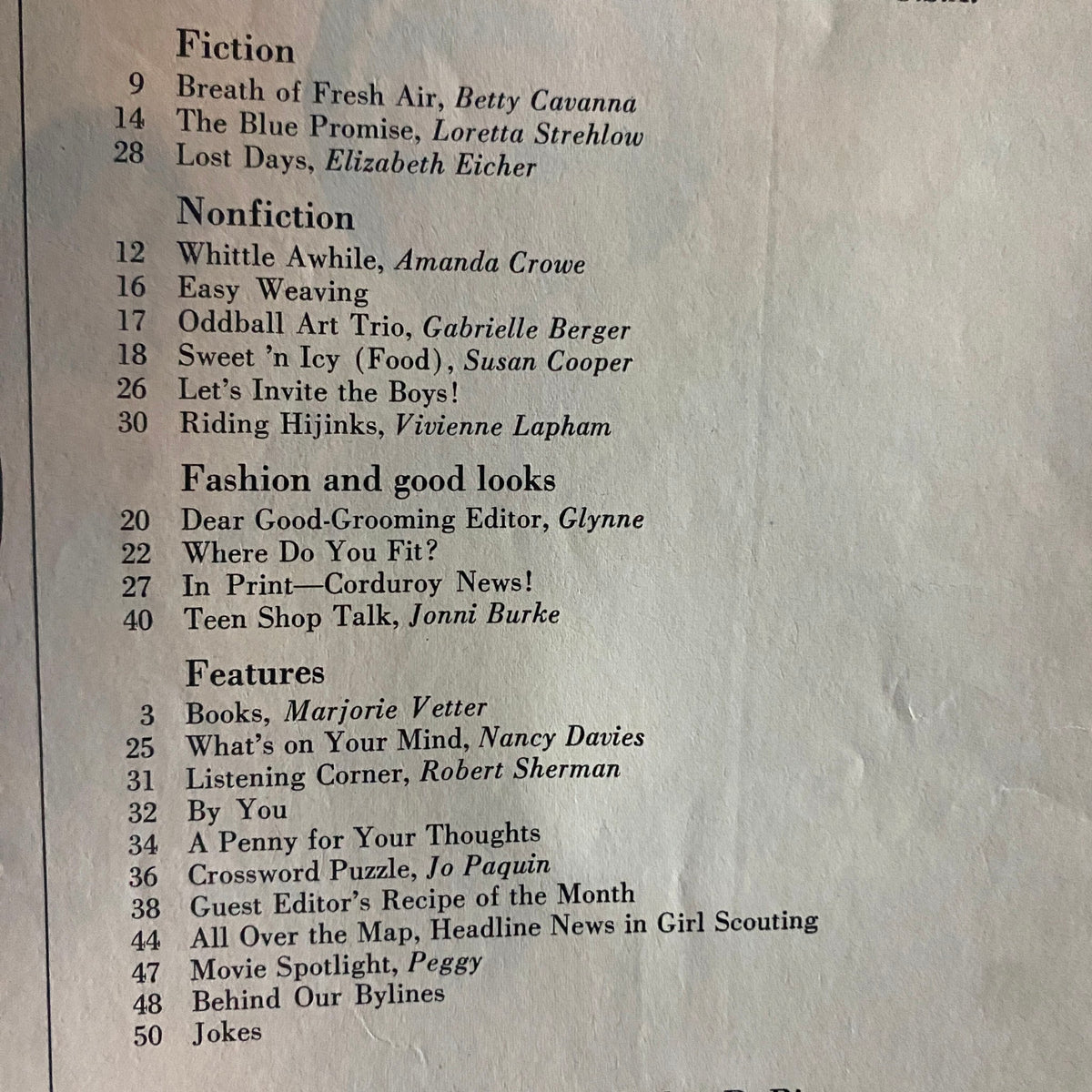 American Girl Magazine July 1966 interior page featuring contents including articles like 'Whittle Awhile', 'Oddball Art Trio', and various features related to young girls in the 1960s.
