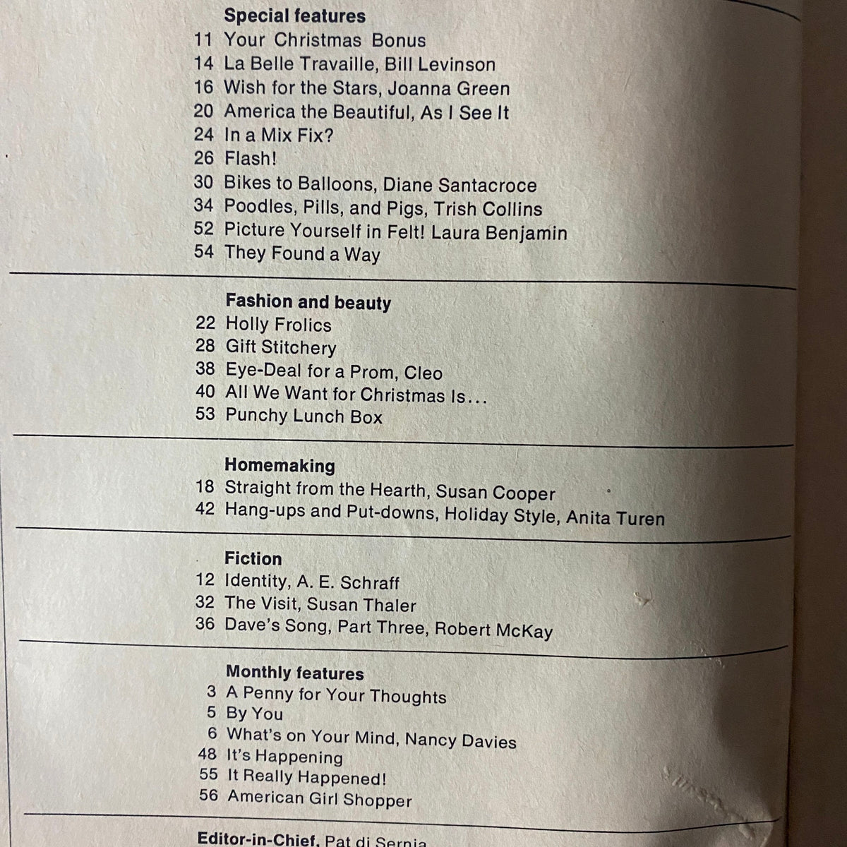 Table of contents from American Girl Magazine December 1969 outlining special features, fashion advice, and stories relevant to young girls during the late 1960s.