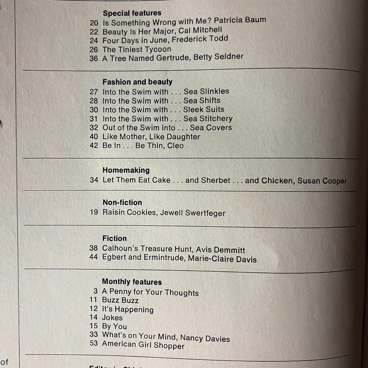 Contents page of American Girl Magazine, May 1970, listing articles including 'A Tree Named Gertrude' by Betty Seldner, focusing on special features, fashion, beauty, and homemaking.