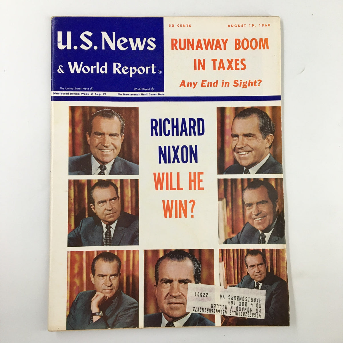 Cover of US News & World Report Magazine dated August 19, 1968 featuring Richard Nixon with the headline 'Will He Win?' and additional political cover stories.