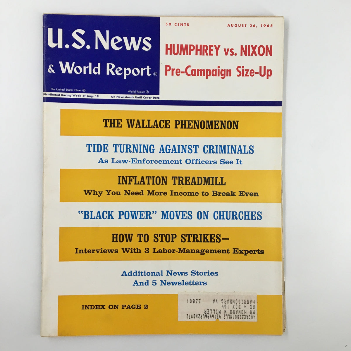 Vintage US News & World Report Magazine from August 26, 1968 featuring the political rivalry between H. Humphrey and Richard Nixon, with headlines discussing various social issues of the time.