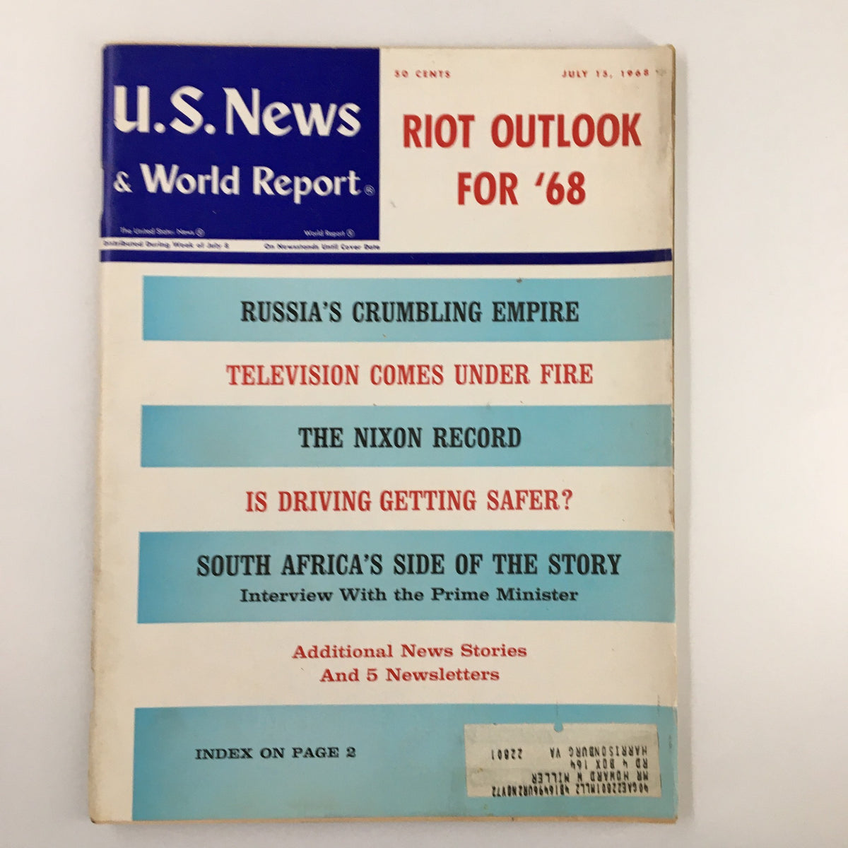 Cover of US News & World Report Magazine dated July 13, 1968, featuring the headline 'Television Comes Under Fire' along with topics such as 'Russia's Crumbling Empire' and 'South Africa's Side of the Story.'