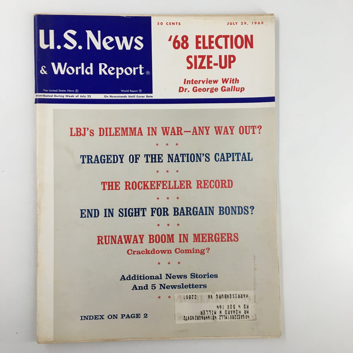 Cover of the US News & World Report Magazine from July 29, 1968, featuring the title 'Lyndon B. Johnson's Dilemma in War,' with a prominent focus on election analysis, including topics such as the tragedy of the nation's capital and economic issues.