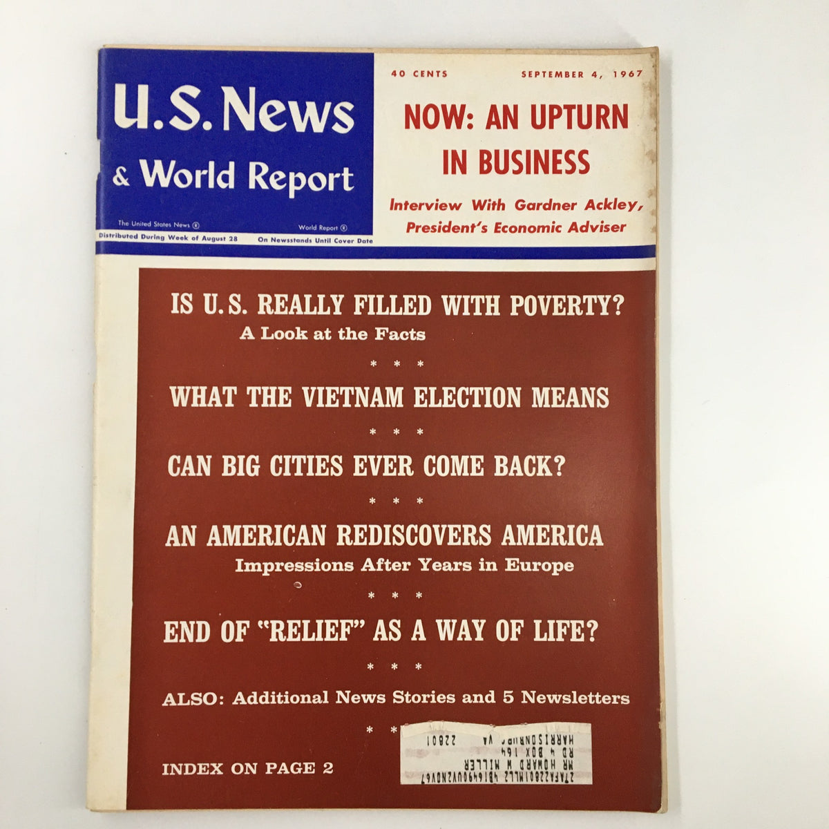 Cover of US News & World Report Magazine from September 4, 1967, titled 'Now: An Upturn in Business'. The cover features prominent headlines including questions about poverty in the U.S., the Vietnam election, and cities' futures.