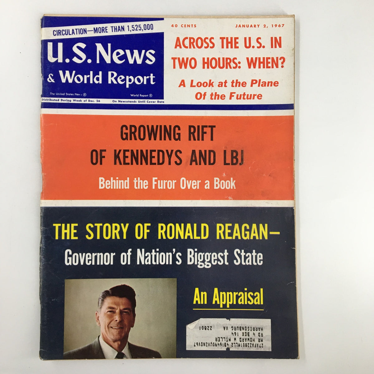 US News & World Report Magazine cover from January 2, 1967, featuring the main headline 'Growing Rift of Kennedys & LBJ', highlighting political tensions in American history with additional content on Ronald Reagan.