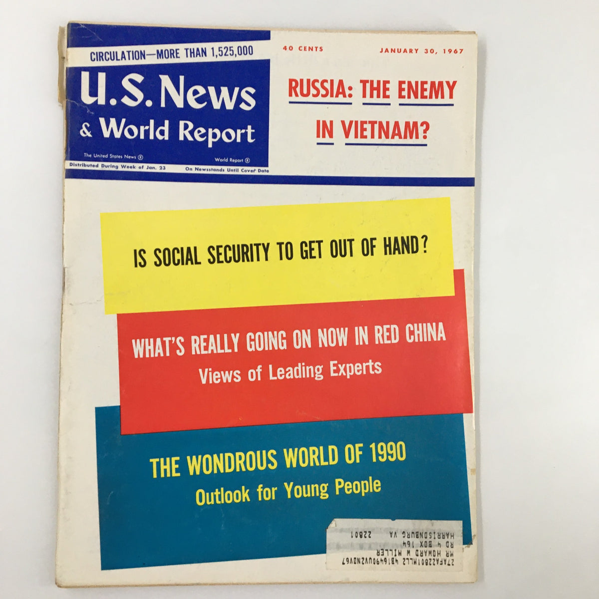 Cover of the US News & World Report Magazine dated January 30, 1967, featuring the headline 'Russia: The Enemy in Vietnam?' along with topics like social security and insights from leading experts.