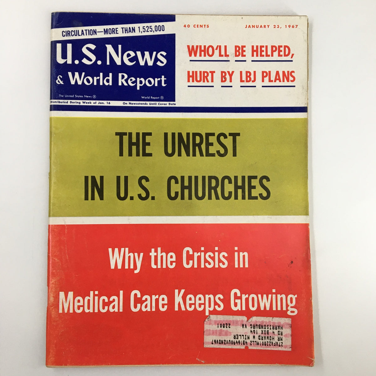 Cover of US News & World Report Magazine January 23, 1967, featuring the title 'The Unrest in U.S. Churches' along with articles on medical care and LBJ plans.