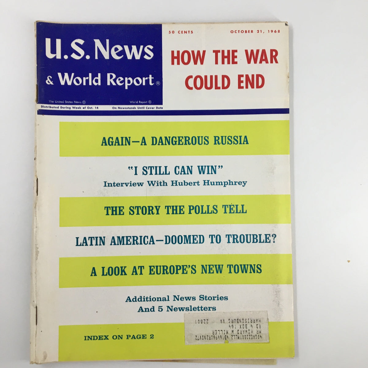 Cover of US News & World Report Magazine dated October 21, 1968, featuring the headline 'HOW THE WAR COULD END' along with articles on Russia, Hubert Humphrey, and more.