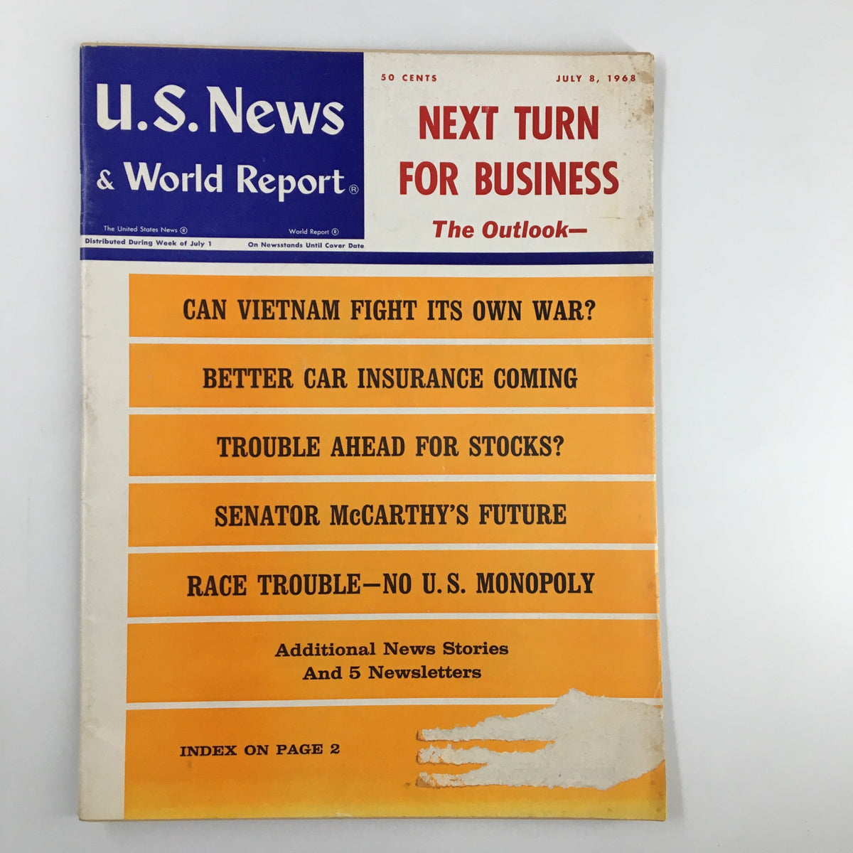 Front cover of US News & World Report Magazine July 8, 1968 featuring the headline 'Next Turn for Business: The Outlook', with various article teasers including topics on Vietnam, car insurance, and stocks.