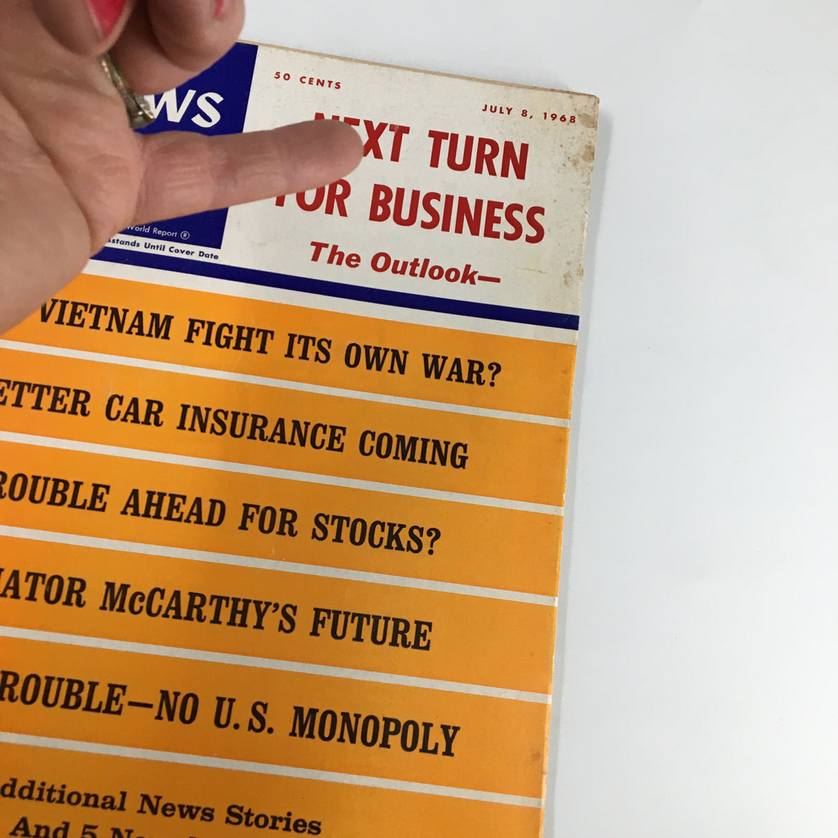 Close-up of the front cover of US News & World Report Magazine July 8, 1968, highlighting the title 'Next Turn for Business: The Outlook' and the featured article topics.