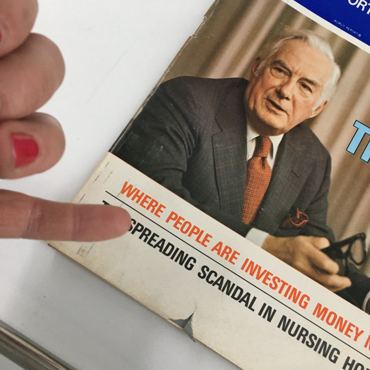 Close-up of the cover of US News & World Report Magazine from March 31, 1975, highlighting the section 'Where People Are Investing Money Now' and 'The Spreading Scandal in Nursing Homes', alongside the image of Chief Justice Warren E. Burger.