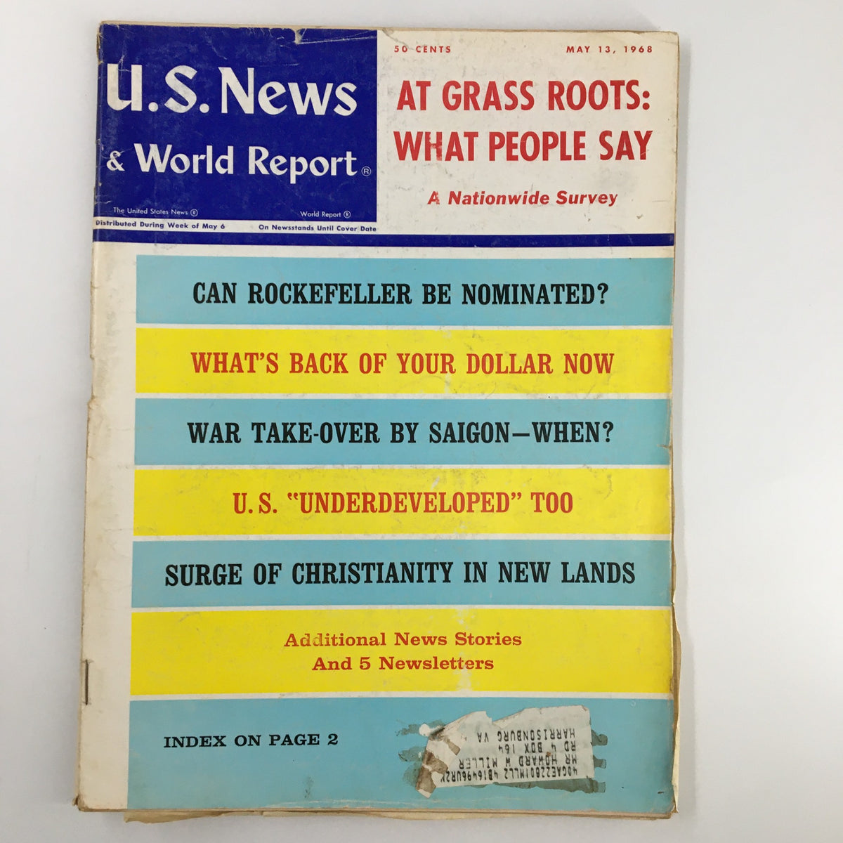 Cover of US News & World Report Magazine from May 13, 1968, featuring the title 'At Grass Roots: What People Say.' Includes headlines like 'Can Rockefeller Be Nominated?' and 'Surge of Christianity in New Lands,' highlighting cultural and political topics from the era.