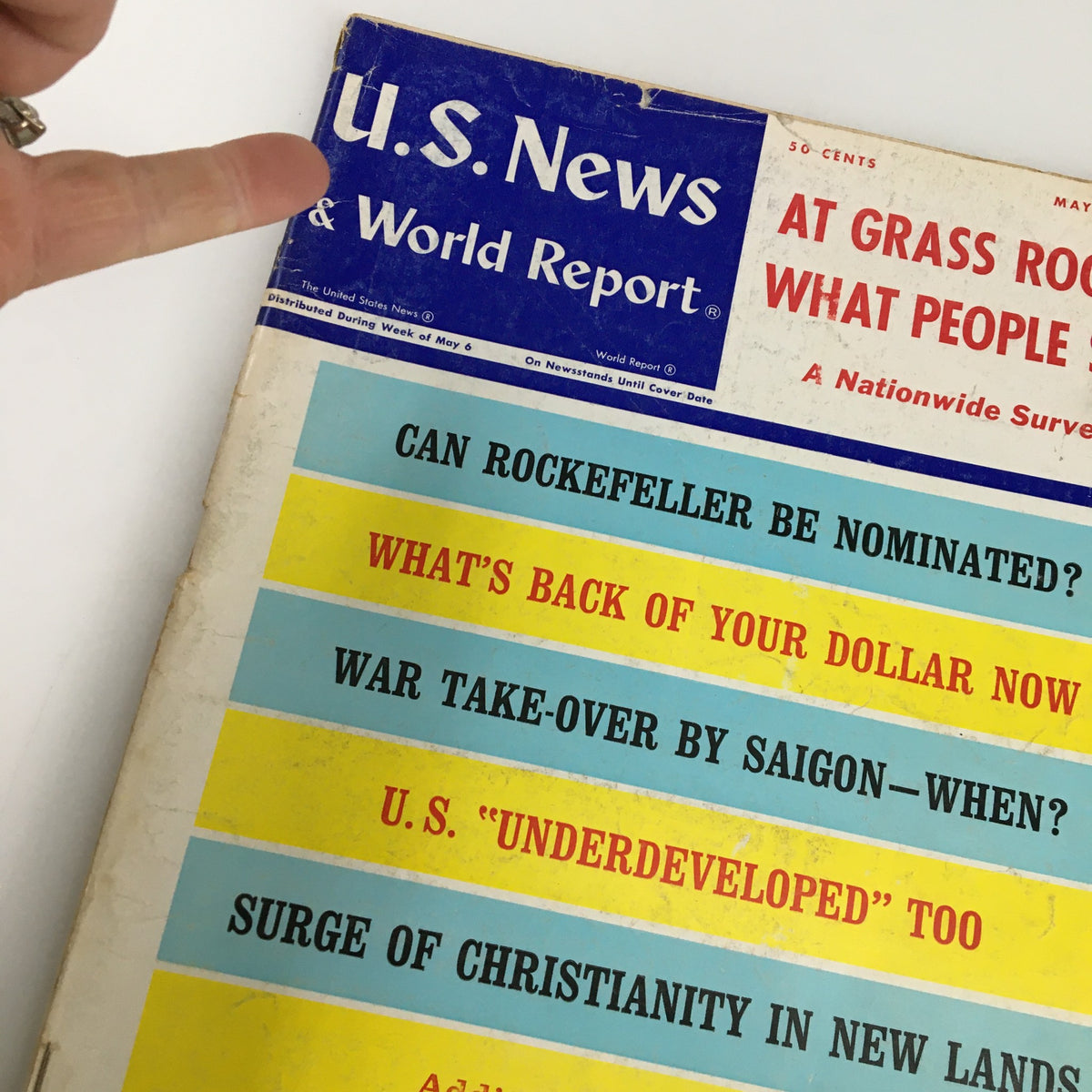 Cover of US News & World Report Magazine May 13 1968 titled 'At Grass Roots: What People Say'. Highlights include topics like Rockefeller nomination, dollar value, and U.S. development.