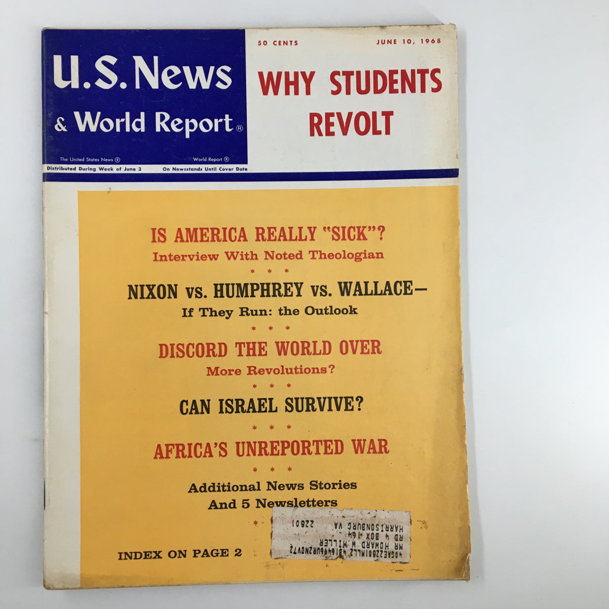 Cover of US News & World Report Magazine dated June 10, 1968, featuring the question 'Is America Really Sick?' along with headlines about civil unrest and global issues.