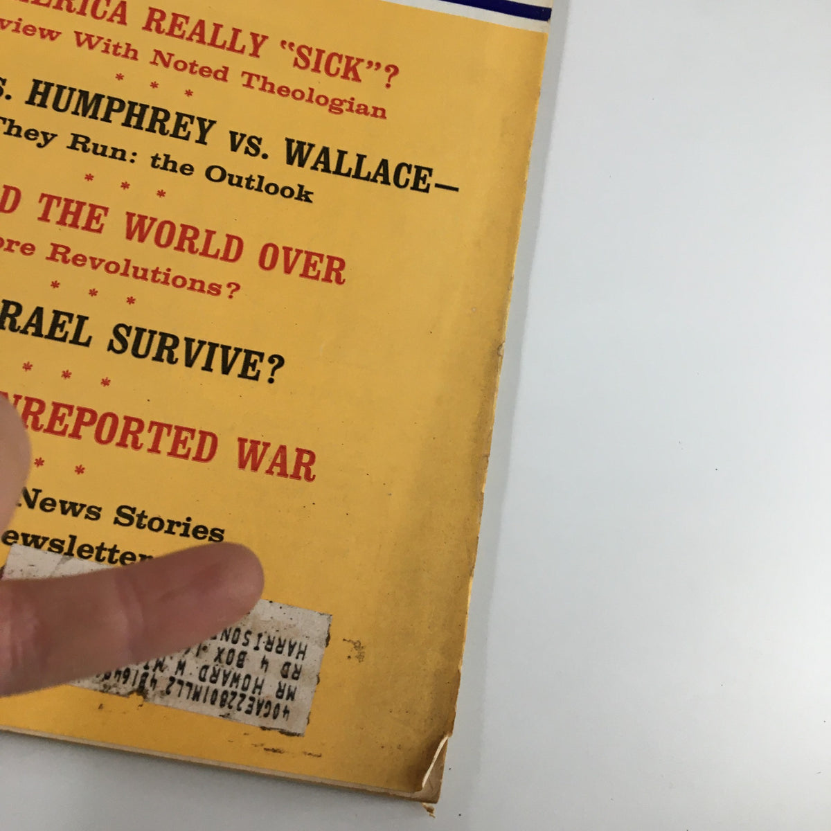 Side view of the US News & World Report Magazine from June 10, 1968, highlighting its iconic cover story 'Is America Really Sick?' along with additional headlines discussing political and global topics.