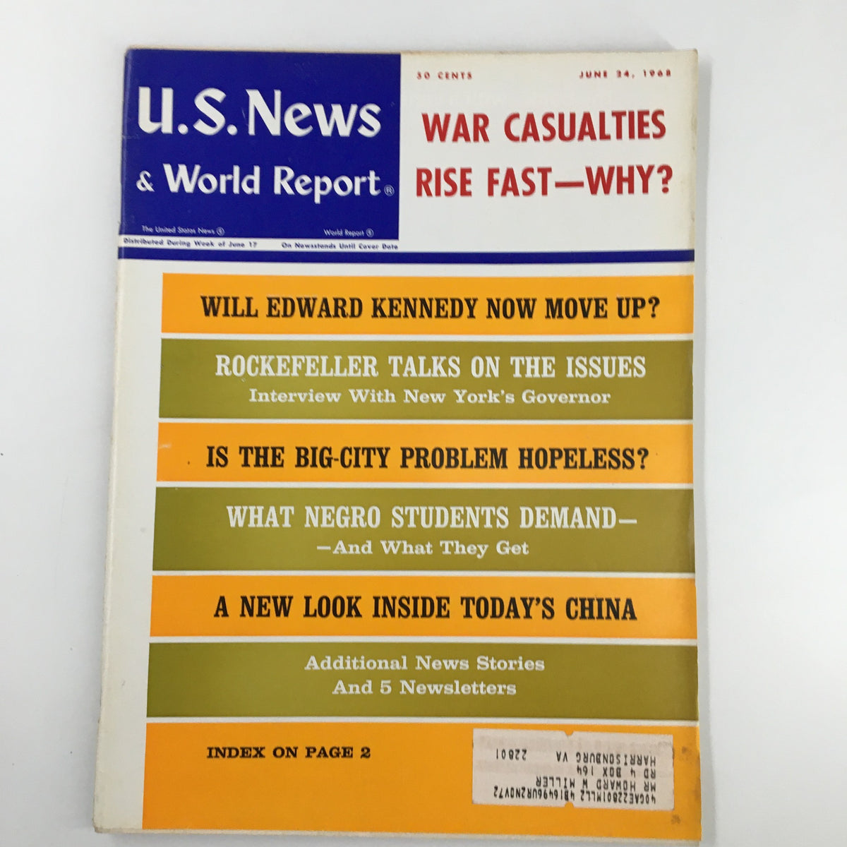 Cover of US News & World Report Magazine from June 14, 1968, featuring the headline 'War Casualties Rise Fast - Why?' along with various articles related to political issues, showcasing a snapshot of historical events during the Vietnam War.