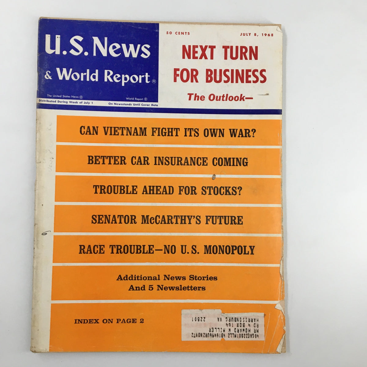 US News & World Report Magazine July 8, 1968 cover featuring the headline 'Can Vietnam Fight Its Own War?', with additional topics outlined, including 'Better Car Insurance Coming?' and 'Trouble Ahead For Stocks?'.