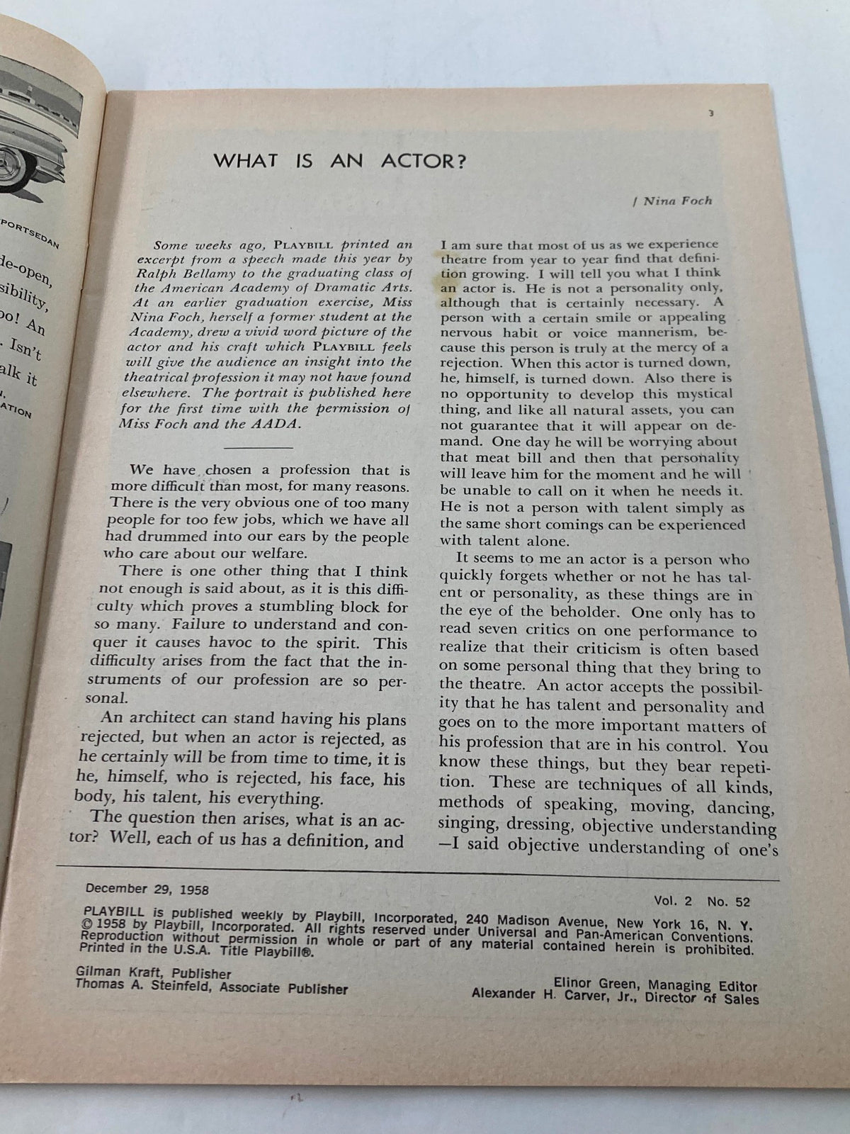 Inside page of the 1958 Playbill with insightful article titled 'What is an Actor?', part of the historic Playbill for Jason Robards Jr. in The Disenchanted.
