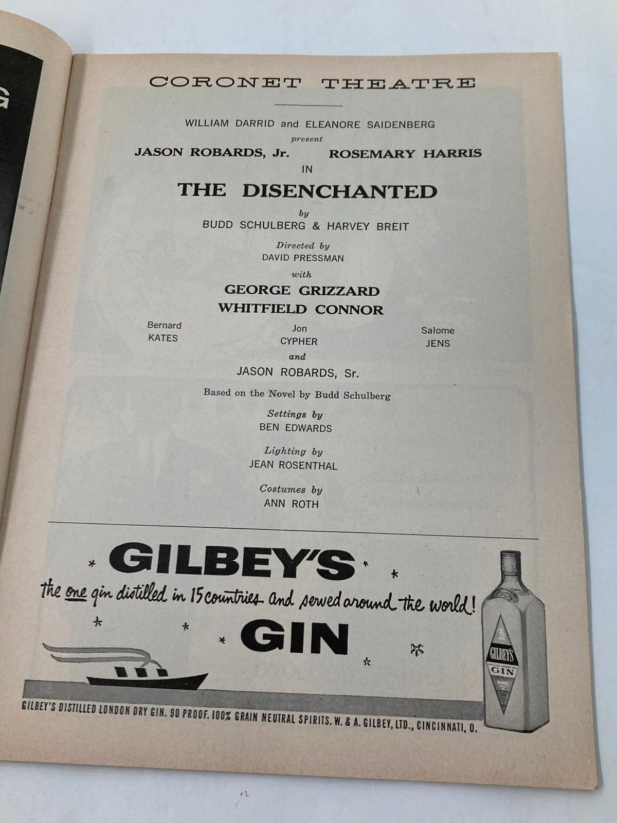 Another inner page of the 1958 Playbill featuring Jason Robards Jr. in The Disenchanted, displaying cast and production details, including director and creative team.