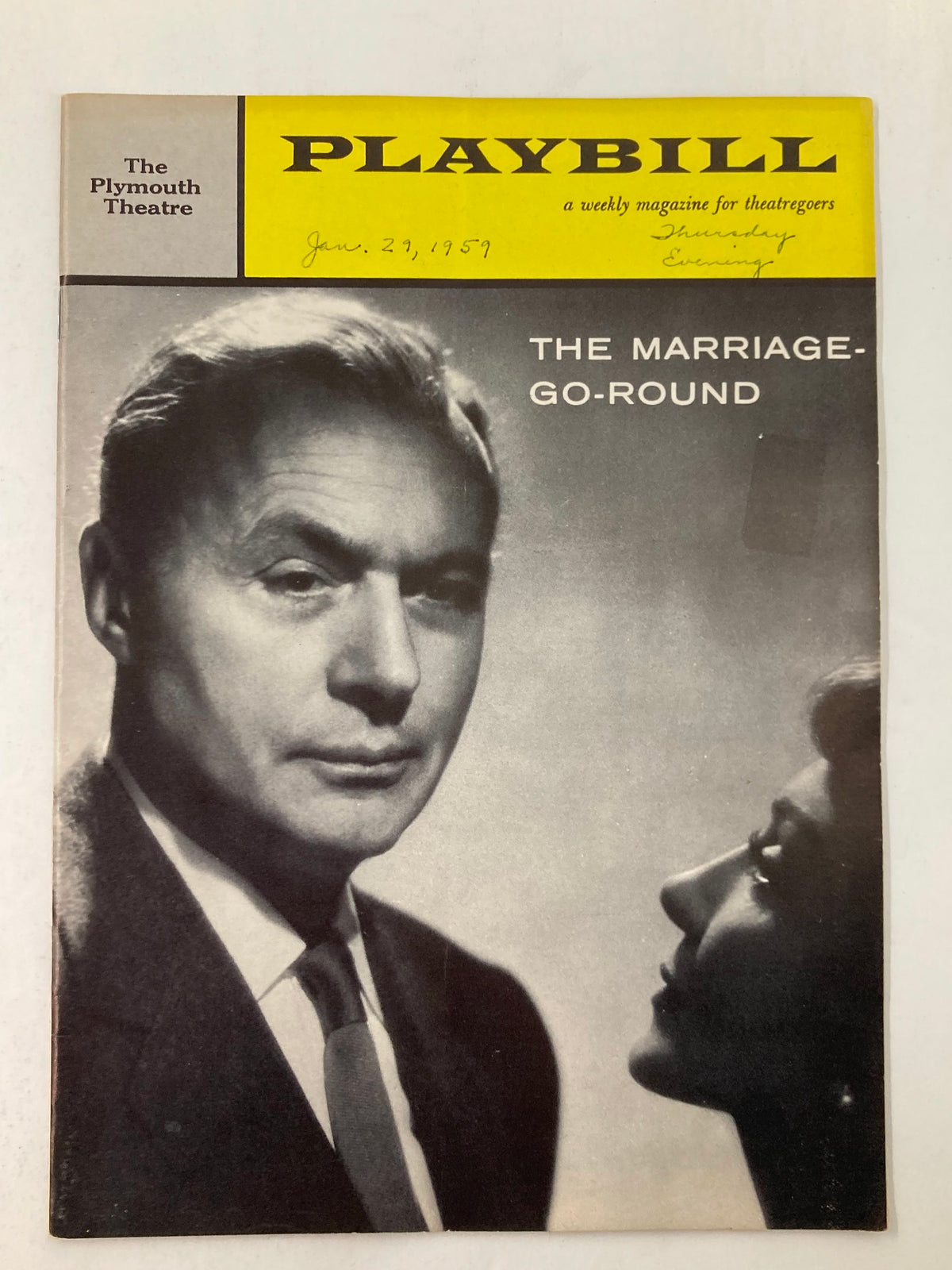 1959 Playbill The Plymouth Theatre featuring Charles Boyer in The Marriage Go-Round, showcasing a classic black and white image of Charles Boyer with a woman in a close-up scene.