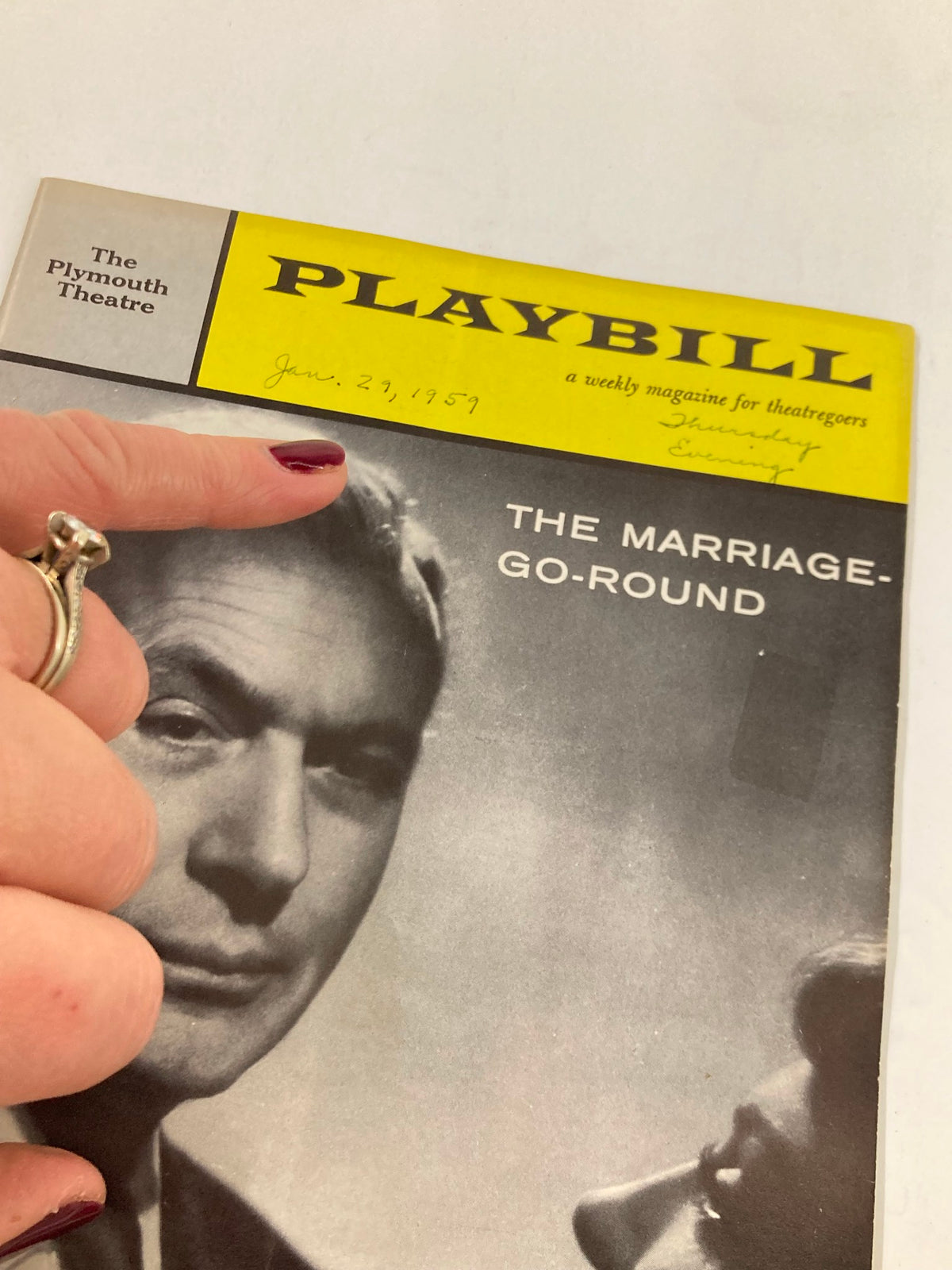 Close-up of the 1959 Playbill The Plymouth Theatre with Charles Boyer in The Marriage Go-Round, highlighting the date June 27, 1959, handwritten on the cover.