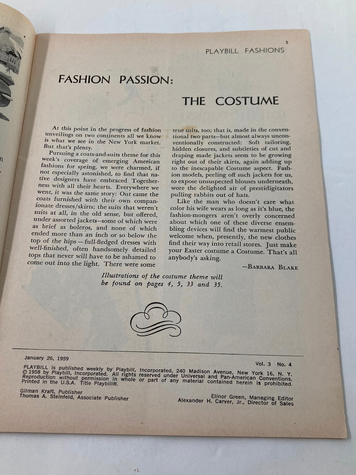 Fashion section page from the 1959 Playbill The Plymouth Theatre with Charles Boyer in The Marriage Go-Round, discussing costume trends in theater.