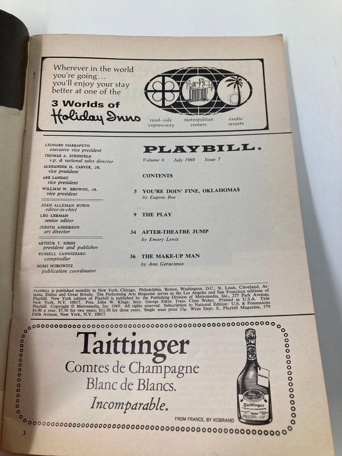 Inside page of the 1969 Playbill from Sam S. Shubert Theatre featuring contents and advertisements related to Broadway productions.