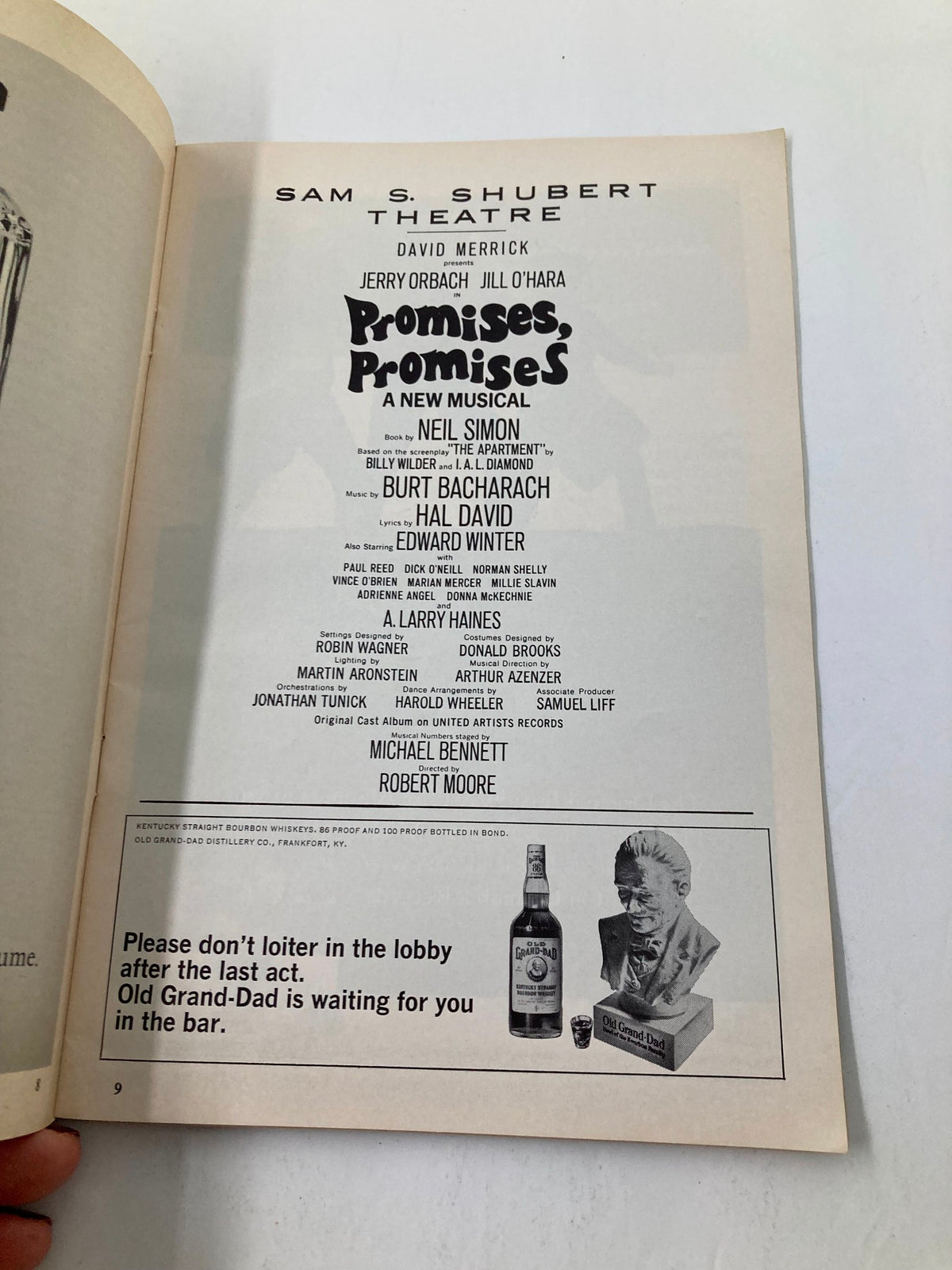 Theatre page of the 1969 Playbill from Sam S. Shubert Theatre highlighting Jerry Orbach in Promises, Promises along with cast details.