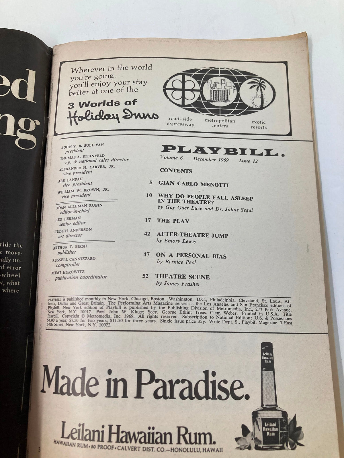 Inside page of the 1969 Playbill for Amahl & The Night Visitors with the contents section highlighting Gian Carlo Menotti.