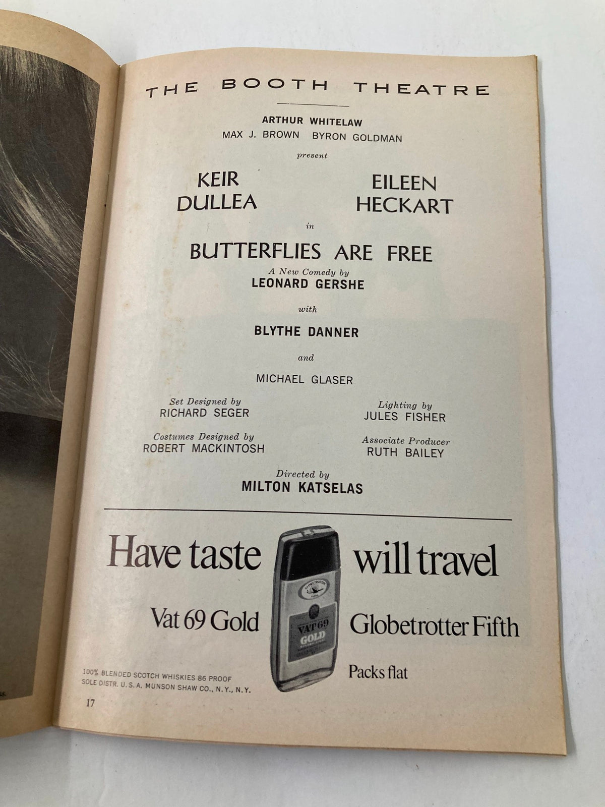 1969 Playbill from The Booth Theatre featuring Keir Dullea and Eileen Heckart in 'Butterflies Are Free'. This historical theater memorabilia includes details of the performance and design credits.
