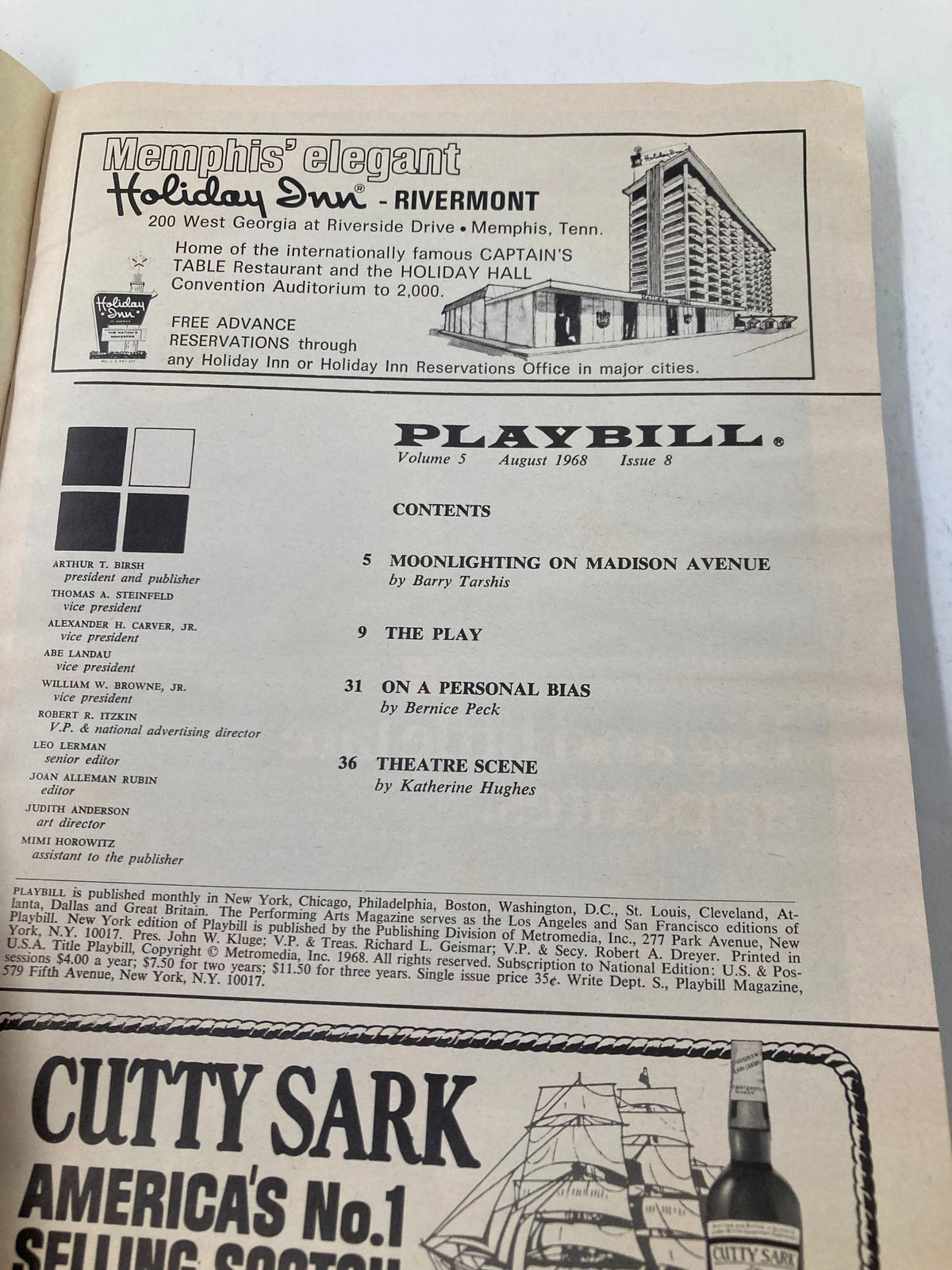 1968 Playbill The Morosco Theatre contents page highlighting articles and advertisements related to theater productions in August 1968.