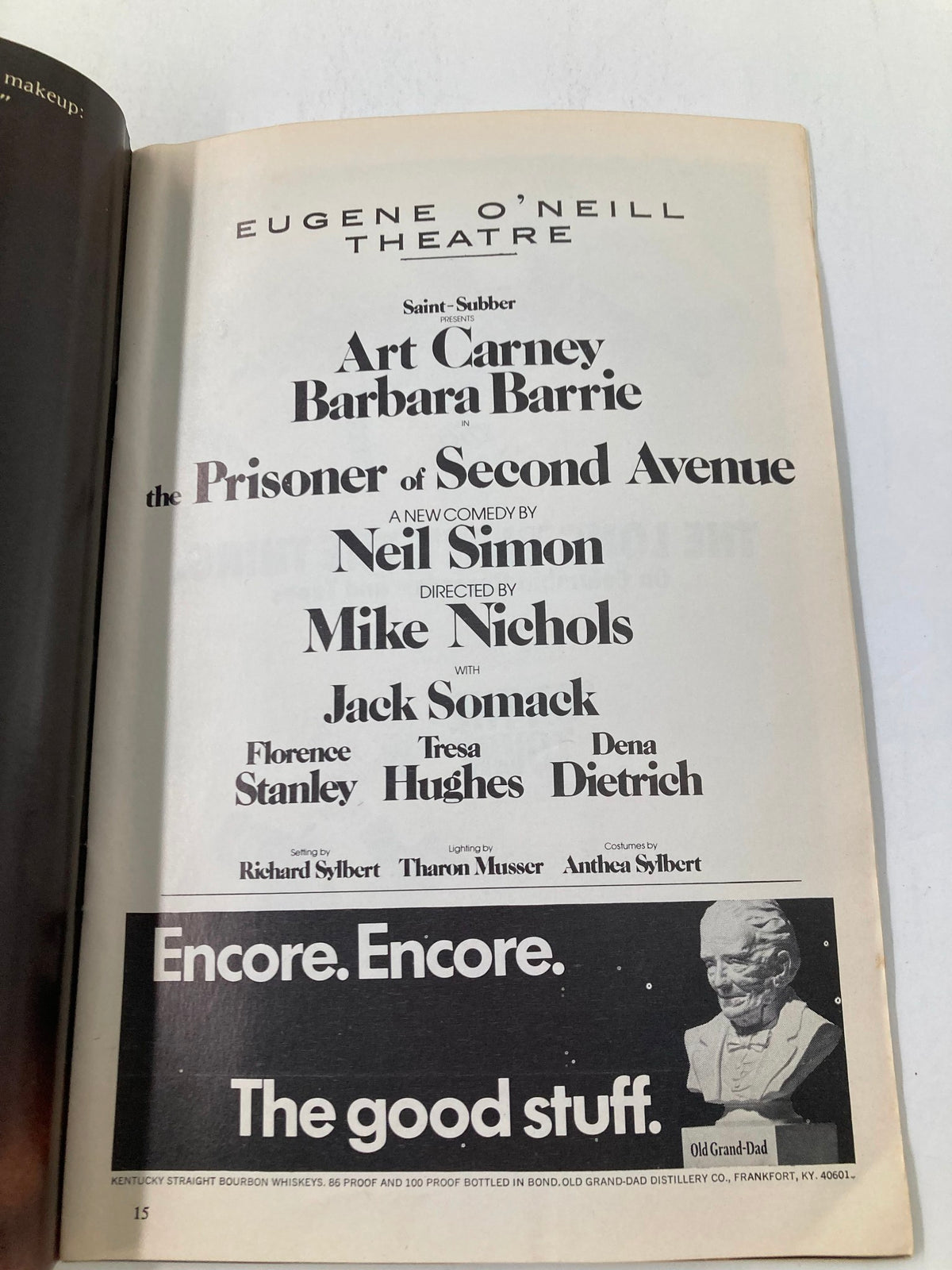 Cast page from the 1972 Playbill for The Prisoner of Second Avenue, listing Art Carney and other performers at the Eugene O'Neill Theatre.
