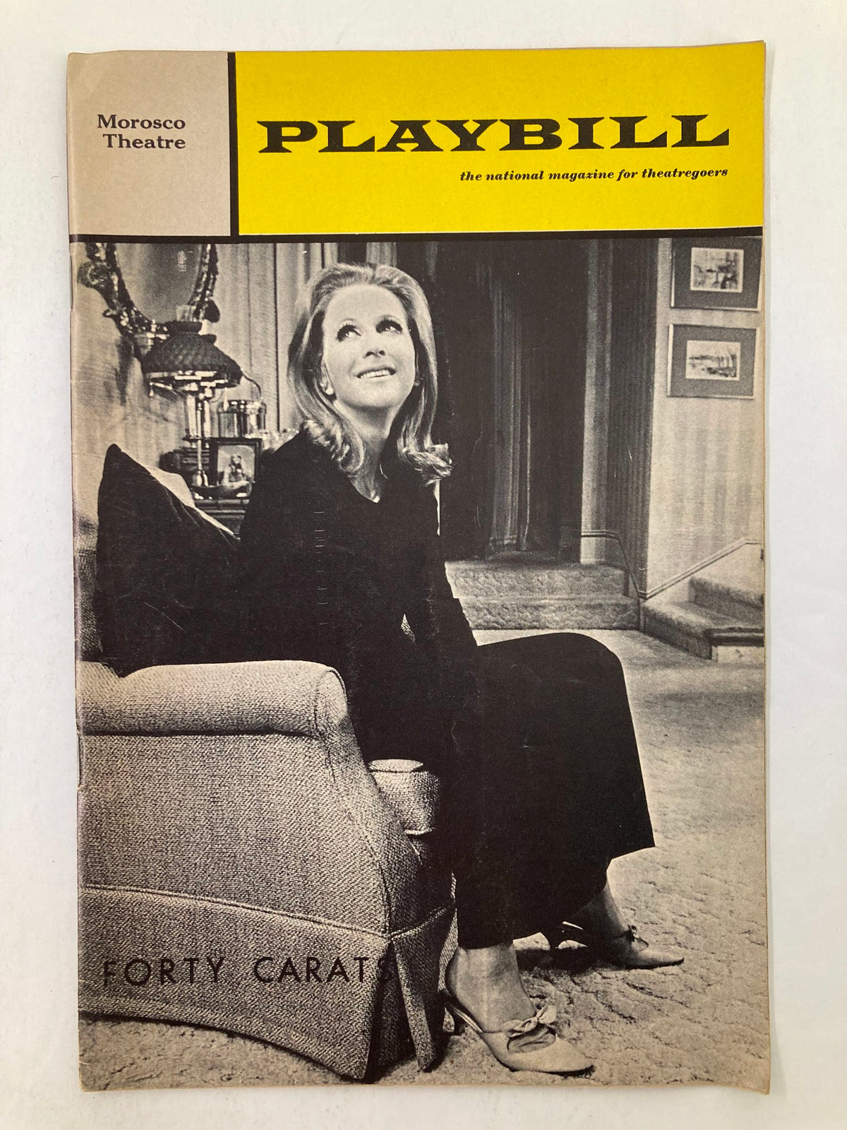 1969 Playbill The Morosco Theatre featuring Julie Harris in Forty Carats, showcasing a vintage black and white photograph of Harris in a stylish seated pose.