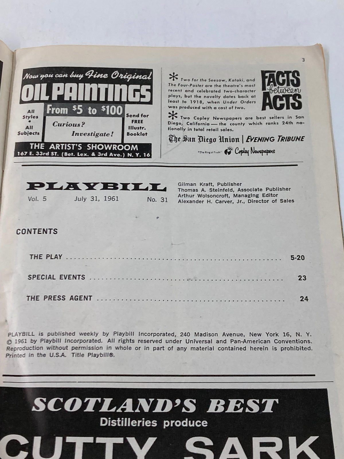 Interior page of the 1961 Playbill from Bye Bye Birdie, listing contents and features. A piece of Broadway history from the Sam S. Shubert Theatre.