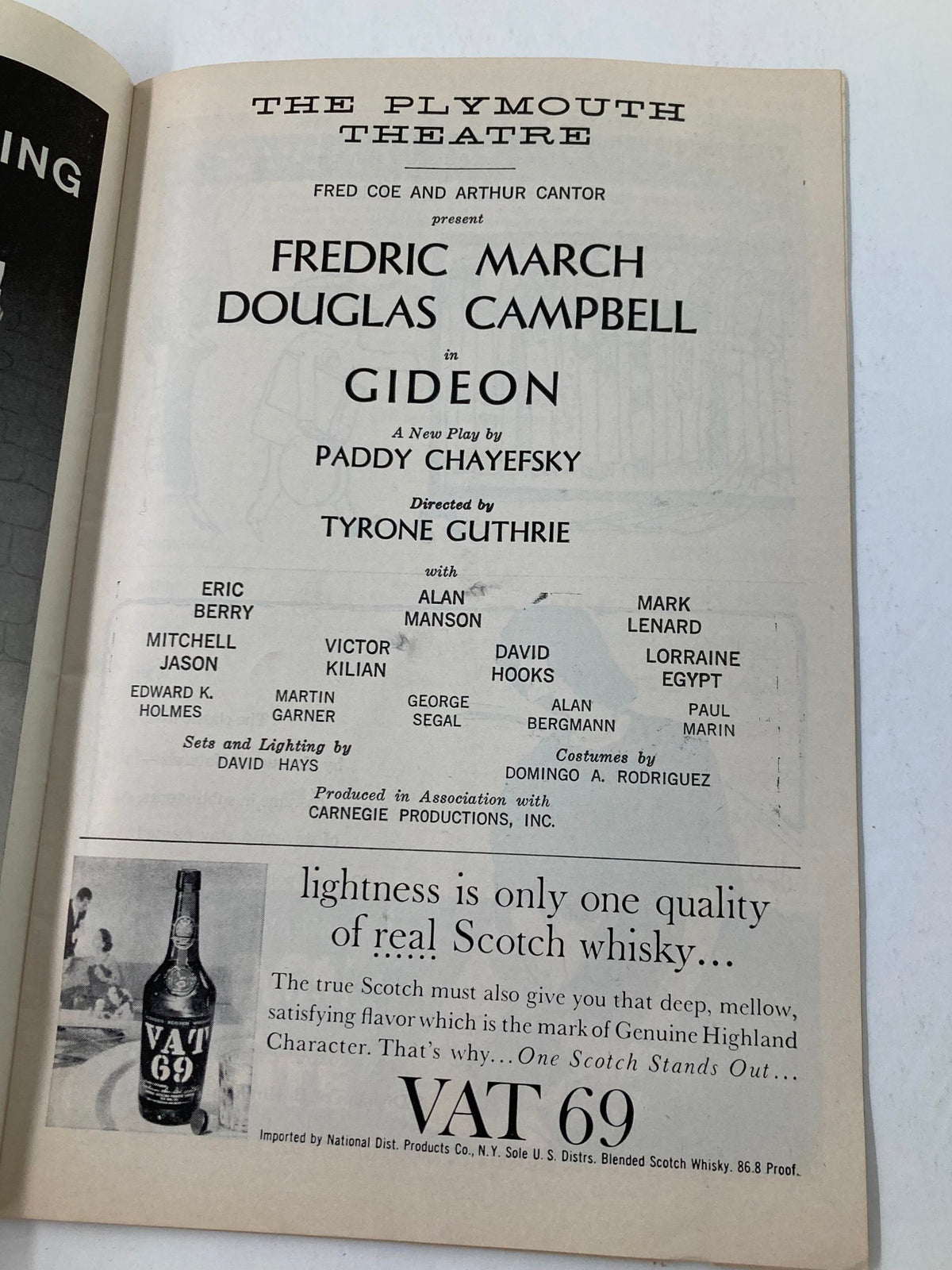 Inside page of the 1961 Playbill for 'Gideon' at the Plymouth Theatre, featuring Fredric March and Douglas Campbell, directed by Tyrone Guthrie. Includes cast list and production details.